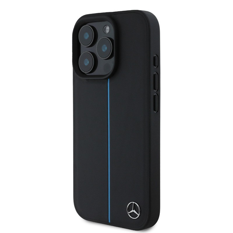 Apple iPhone 16 Pro Kılıf Mercedes Benz Orjinal Lisanslı M-safe Şarj Özellikli Metal Yıldız Logolu Mavi Çizgili Deri Kapak - 3