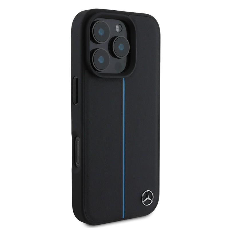 Apple iPhone 16 Pro Kılıf Mercedes Benz Orjinal Lisanslı M-safe Şarj Özellikli Metal Yıldız Logolu Mavi Çizgili Deri Kapak - 5