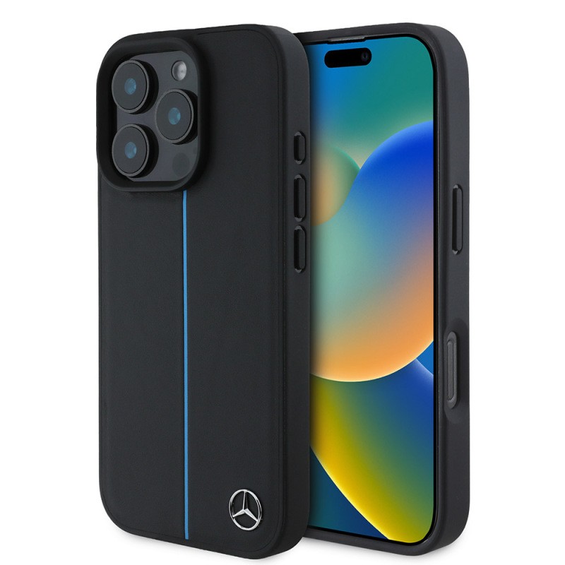 Apple iPhone 16 Pro Kılıf Mercedes Benz Orjinal Lisanslı M-safe Şarj Özellikli Metal Yıldız Logolu Mavi Çizgili Deri Kapak - 2