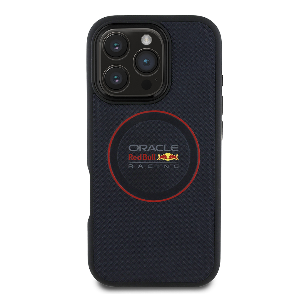 Apple iPhone 16 Pro Kılıf Redbull Orjinal Lisanslı M-safe Şarj Özellikli Kırmızı Halka ve Logo Kabartmalı PU Deri Kapak - Lacivert