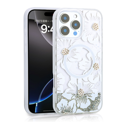 Apple iPhone 16 Pro Kılıf Sıvılı Simli Baskılı Şeffaf Arka Yüzey Zore Mossa Silikon Kapak - Zore