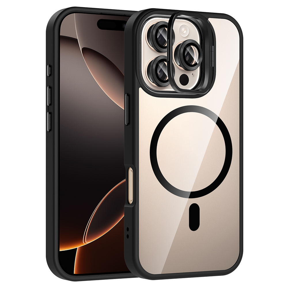 iPhone 16 Pro Kılıf Standlı ve Kamera Lens Hediyeli M-Safe Şarj Özellikli NXXA Etro Kapak - Siyah