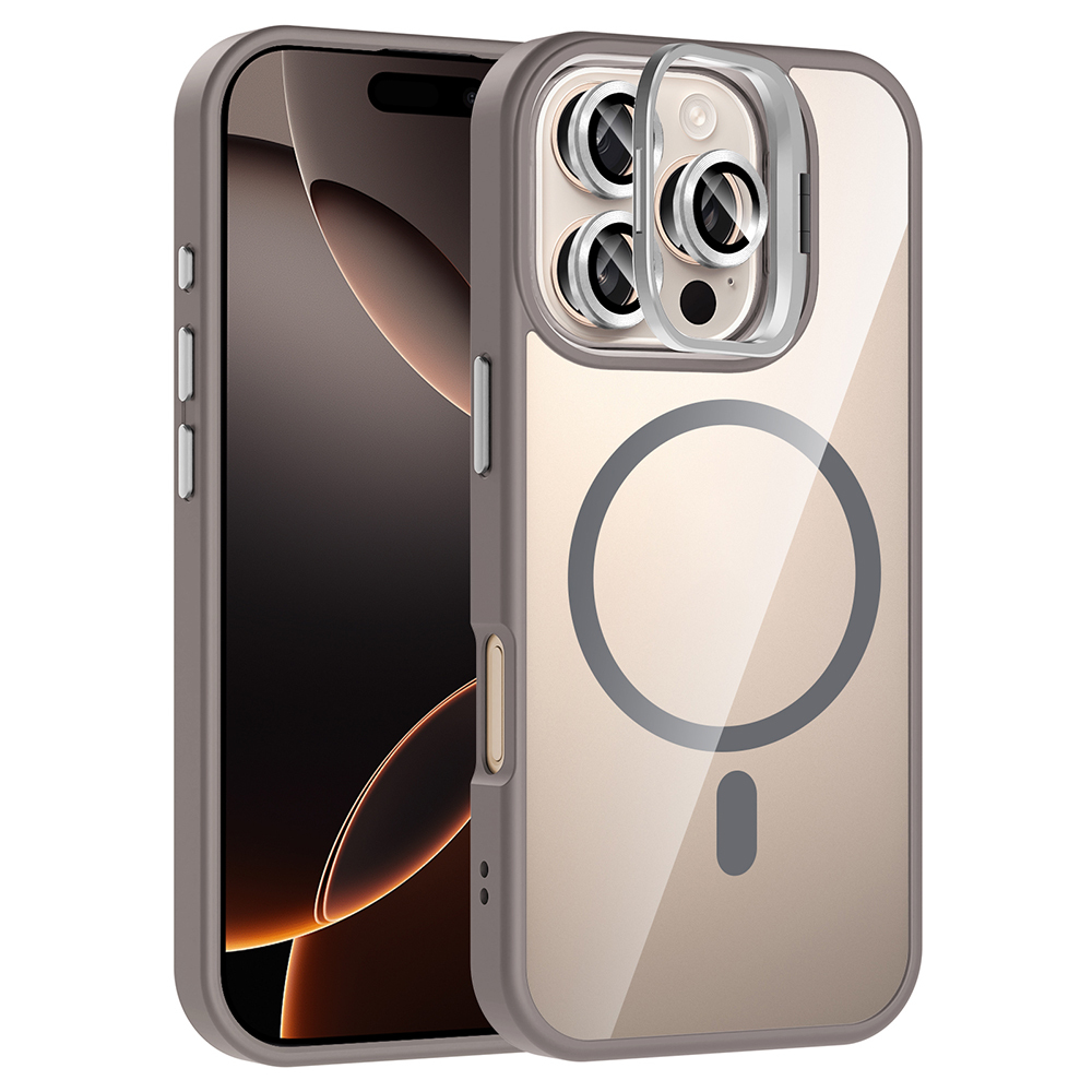 iPhone 16 Pro Kılıf Standlı ve Kamera Lens Hediyeli M-Safe Şarj Özellikli NXXA Etro Kapak - Gri