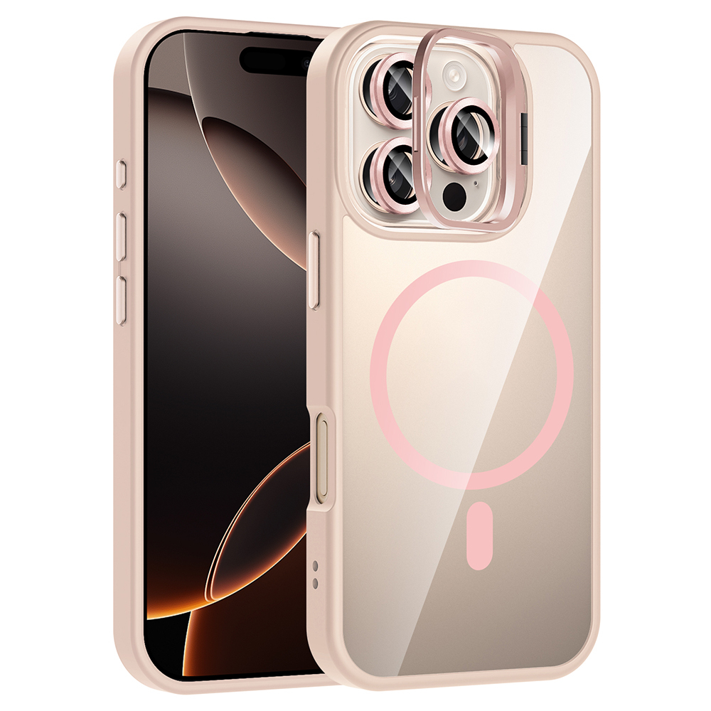 iPhone 16 Pro Kılıf Standlı ve Kamera Lens Hediyeli M-Safe Şarj Özellikli NXXA Etro Kapak - Pembe