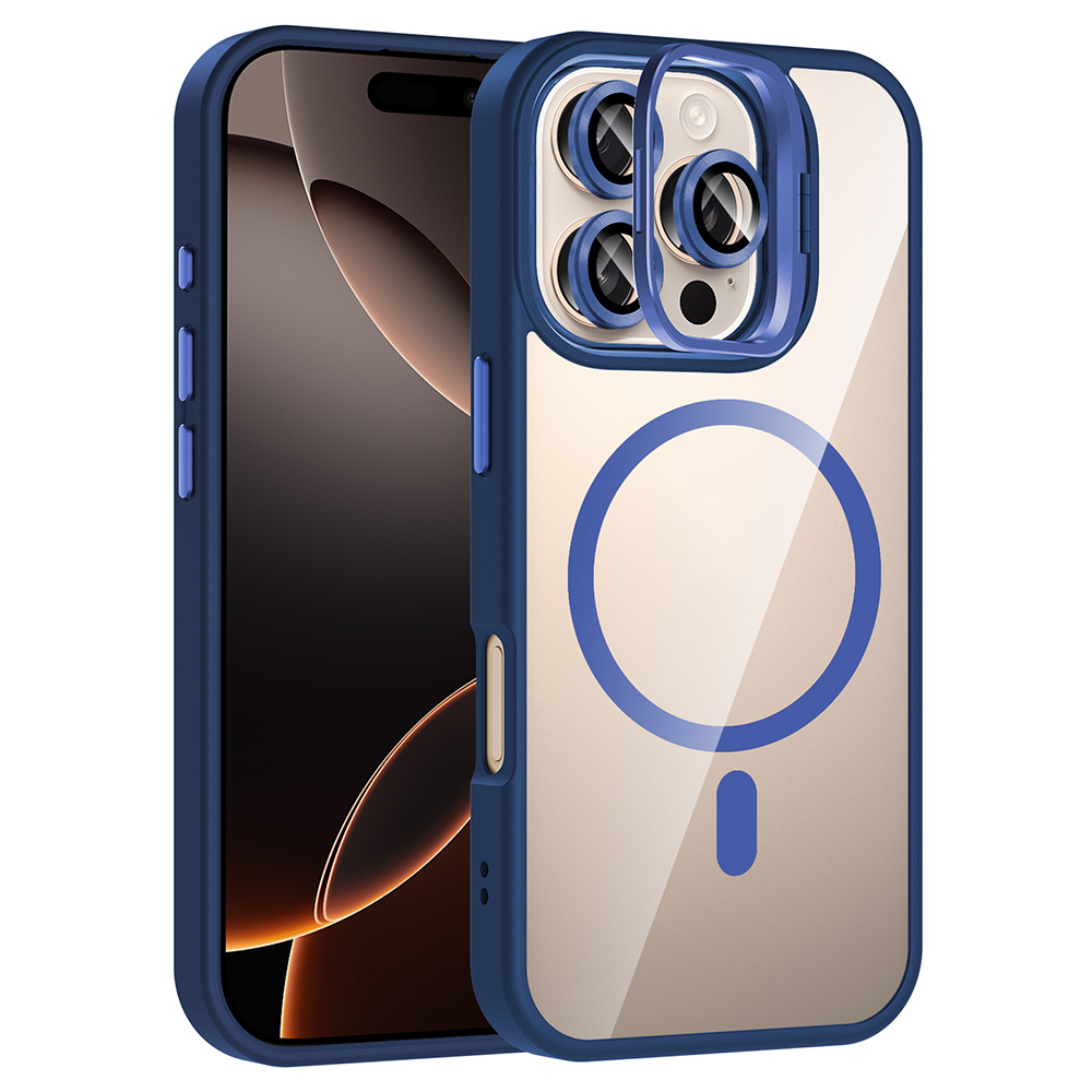 iPhone 16 Pro Kılıf Standlı ve Kamera Lens Hediyeli M-Safe Şarj Özellikli NXXA Etro Kapak - Lacivert