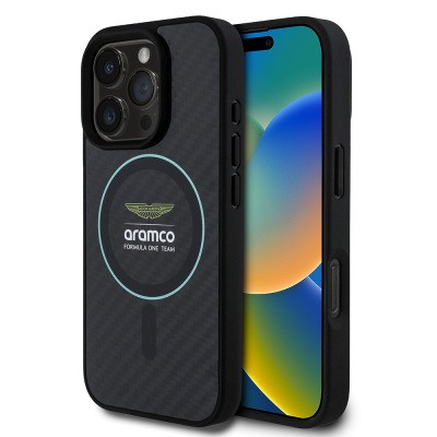 Apple iPhone 16 Pro Max Case Aston Martin Original Licensed Magsafe Charging Feature Colorful Ring and Carbon Fiber Design Cover - 8