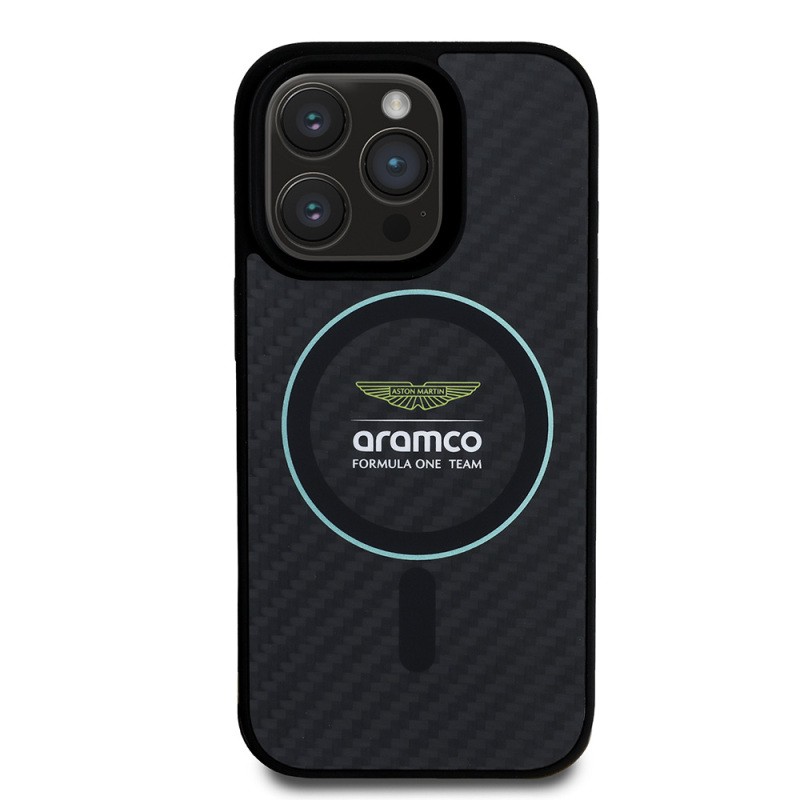 Apple iPhone 16 Pro Max Case Aston Martin Original Licensed Magsafe Charging Feature Colorful Ring and Carbon Fiber Design Cover - 1