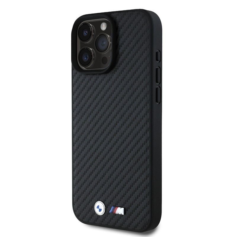 Apple iPhone 16 Pro Max Case BMW Original Licensed Carbon Fiber Design and Metal Logo PU Leather Cover - 3