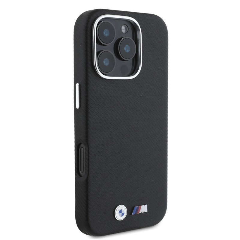 Apple iPhone 16 Pro Max Case, BMW Original Licensed, Fully Wrapped, Carbon Design Metal Logo, Faux Leather Cover - 5