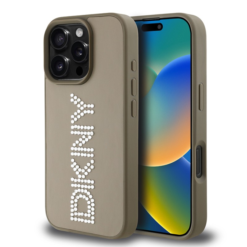 Apple iPhone 16 Pro Max Case DKNY Original Licensed Stone DKNY Written Metallic Rhinestones PU Leather Cover - 4