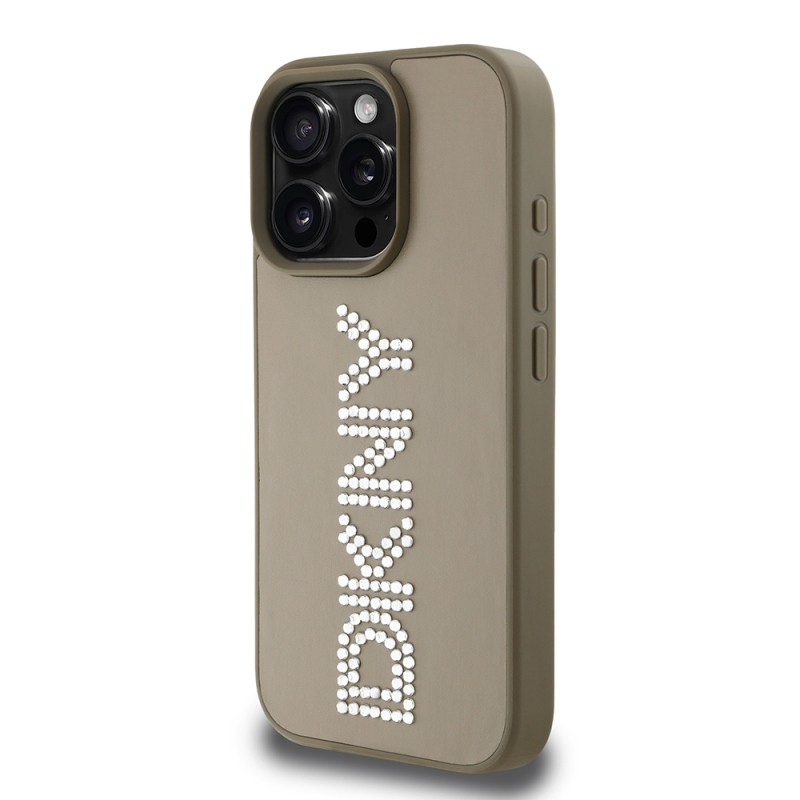 Apple iPhone 16 Pro Max Case DKNY Original Licensed Stone DKNY Written Metallic Rhinestones PU Leather Cover - 5