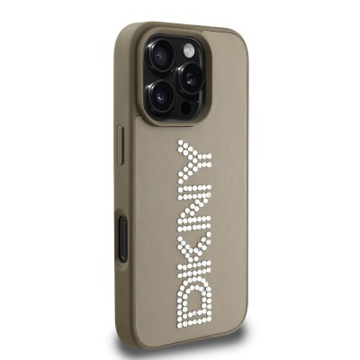 Apple iPhone 16 Pro Max Case DKNY Original Licensed Stone DKNY Written Metallic Rhinestones PU Leather Cover - 6