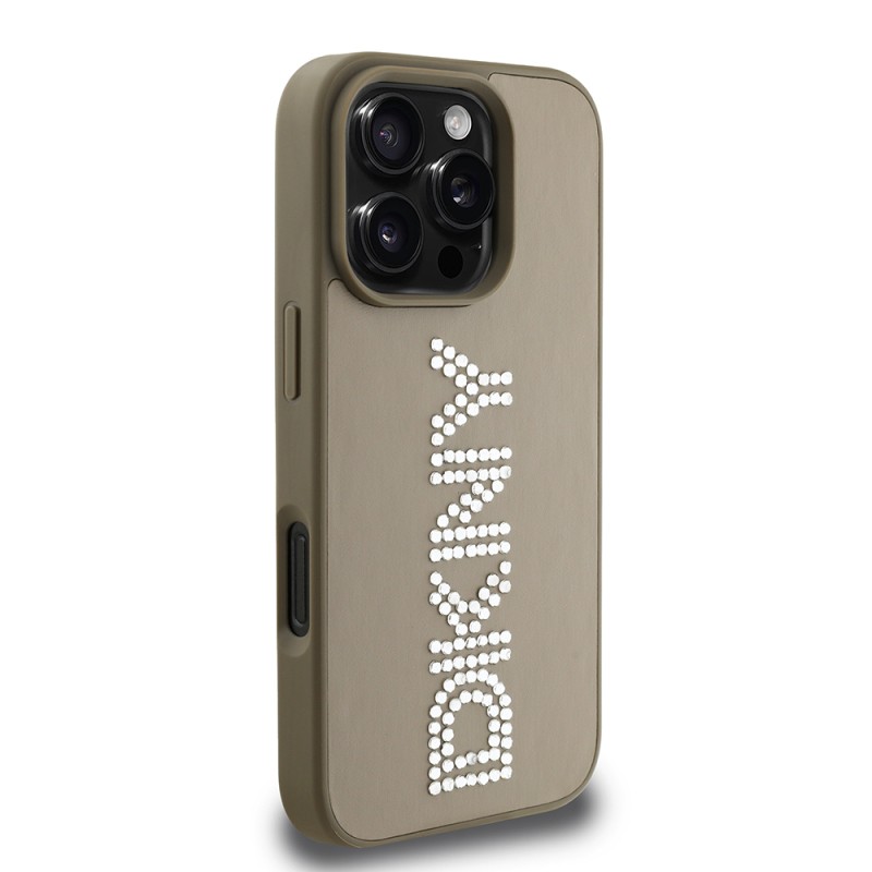 Apple iPhone 16 Pro Max Case DKNY Original Licensed Stone DKNY Written Metallic Rhinestones PU Leather Cover - 6