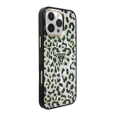 Apple iPhone 16 Pro Max Case Guess Original Licensed M-safe Charging Enabled Triangle Logo Glitter Leopard Pattern Cover - Guess