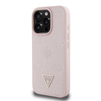Apple iPhone 16 Pro Max Case Guess Original Licensed Magsafe Charging Feature Hot Printed Triangle Logo PU Leather Peony Cover - 7
