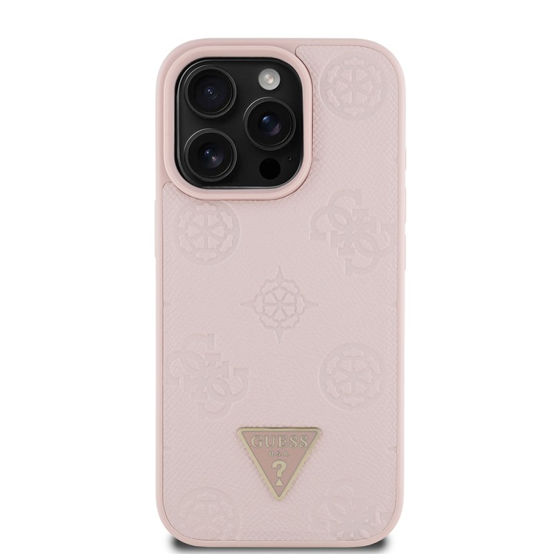 Apple iPhone 16 Pro Max Case Guess Original Licensed Magsafe Charging Feature Hot Printed Triangle Logo PU Leather Peony Cover - 1