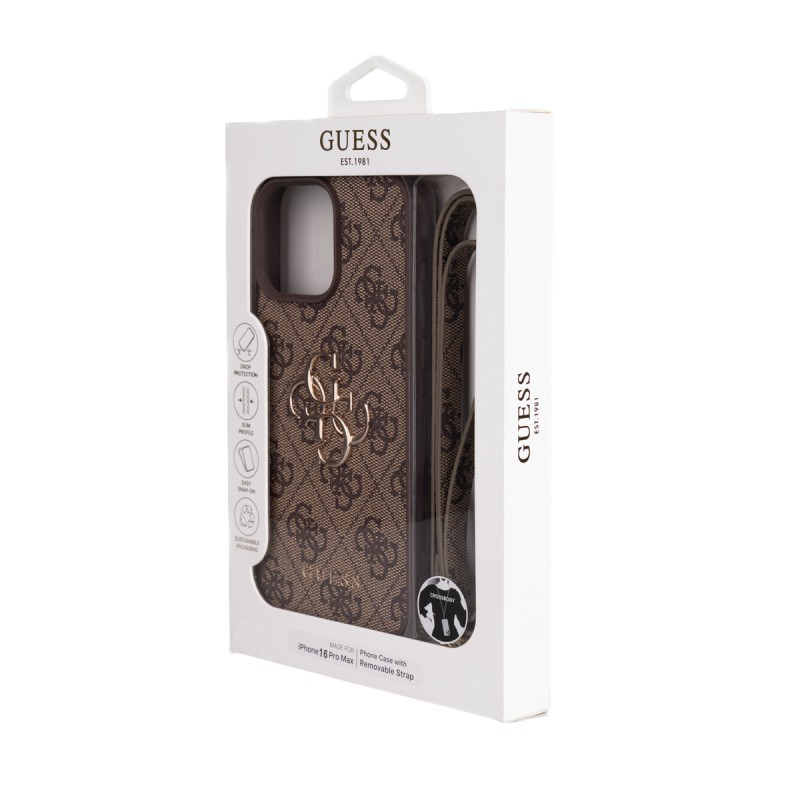 Apple iPhone 16 Pro Max Case Guess Original Licensed PU Leather 4G Large Metal Logo Crossbody Strap Cover - 22