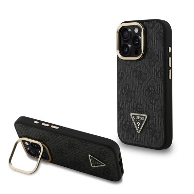 Apple iPhone 16 Pro Max Case Guess Original Licensed PU Leather Stone Triangle Logo 4G Patterned Camera Stand Cover - 1