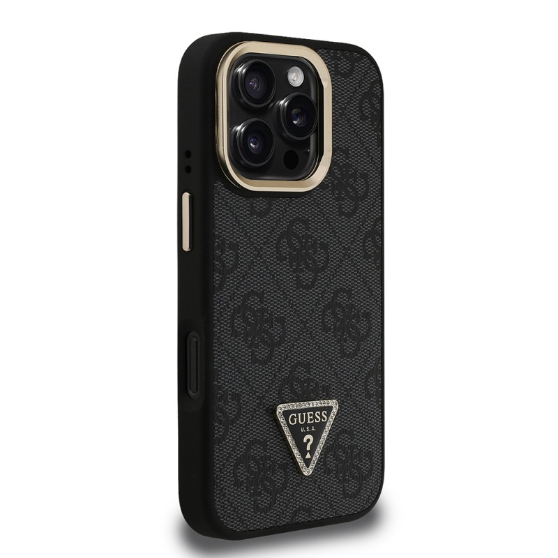 Apple iPhone 16 Pro Max Case Guess Original Licensed PU Leather Stone Triangle Logo 4G Patterned Camera Stand Cover - 7