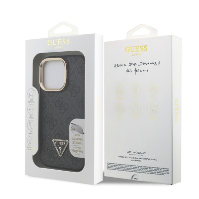 Apple iPhone 16 Pro Max Case Guess Original Licensed PU Leather Stone Triangle Logo 4G Patterned Camera Stand Cover - 23