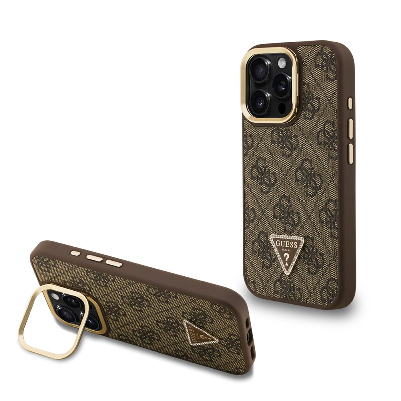 Apple iPhone 16 Pro Max Case Guess Original Licensed PU Leather Stone Triangle Logo 4G Patterned Camera Stand Cover - 11