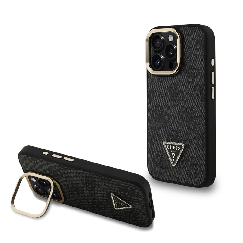 Apple iPhone 16 Pro Max Case Guess Original Licensed PU Leather Stone Triangle Logo 4G Patterned Camera Stand Cover - 2