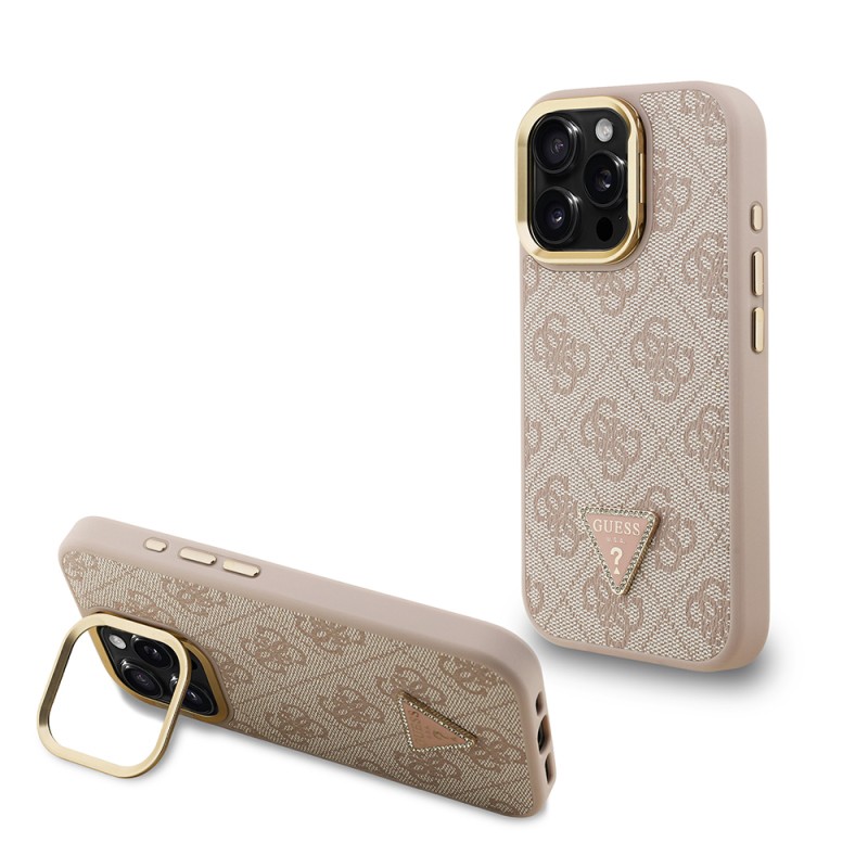 Apple iPhone 16 Pro Max Case Guess Original Licensed PU Leather Stone Triangle Logo 4G Patterned Camera Stand Cover - 4
