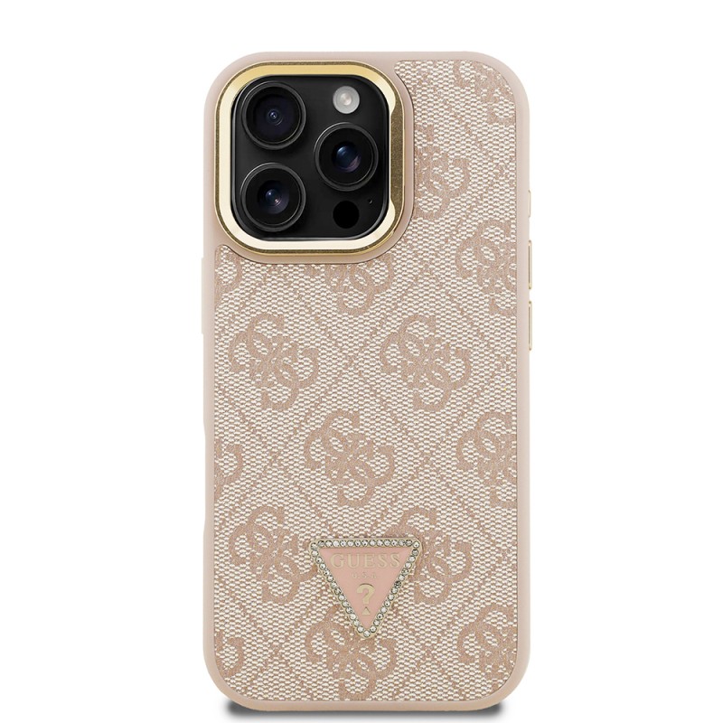 Apple iPhone 16 Pro Max Case Guess Original Licensed PU Leather Stone Triangle Logo 4G Patterned Camera Stand Cover - 22