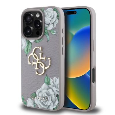 Apple iPhone 16 Pro Max Case Guess Original Licensed Rose Printed Large Metal Logo Design Cover - 9