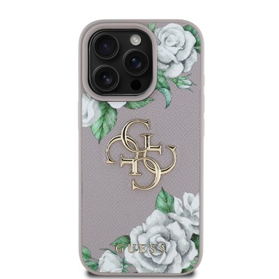Apple iPhone 16 Pro Max Case Guess Original Licensed Rose Printed Large Metal Logo Design Cover - 1