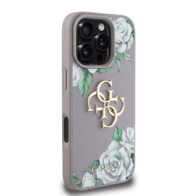 Apple iPhone 16 Pro Max Case Guess Original Licensed Rose Printed Large Metal Logo Design Cover - 5
