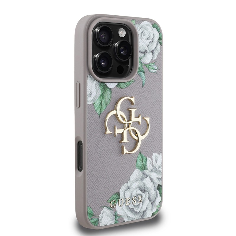 Apple iPhone 16 Pro Max Case Guess Original Licensed Rose Printed Large Metal Logo Design Cover - 5