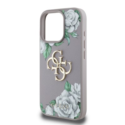 Apple iPhone 16 Pro Max Case Guess Original Licensed Rose Printed Large Metal Logo Design Cover - 7