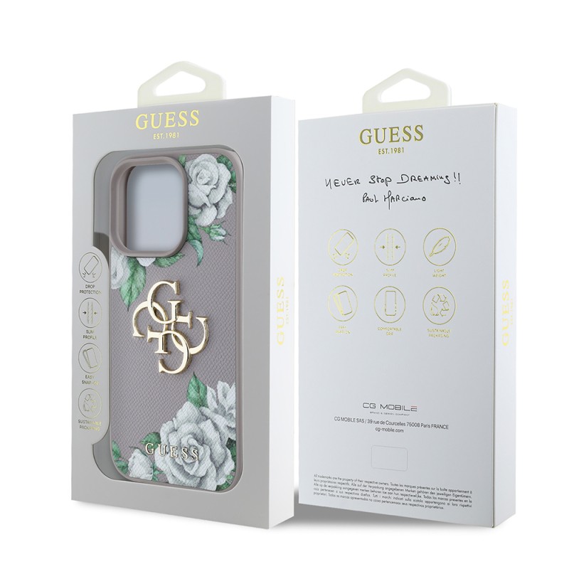 Apple iPhone 16 Pro Max Case Guess Original Licensed Rose Printed Large Metal Logo Design Cover - 11