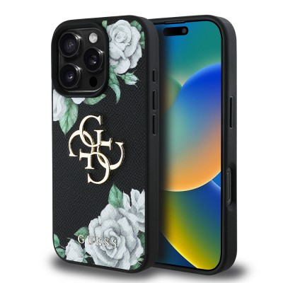 Apple iPhone 16 Pro Max Case Guess Original Licensed Rose Printed Large Metal Logo Design Cover - 16