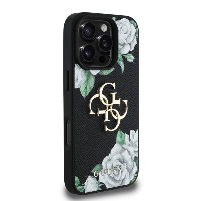 Apple iPhone 16 Pro Max Case Guess Original Licensed Rose Printed Large Metal Logo Design Cover - 12