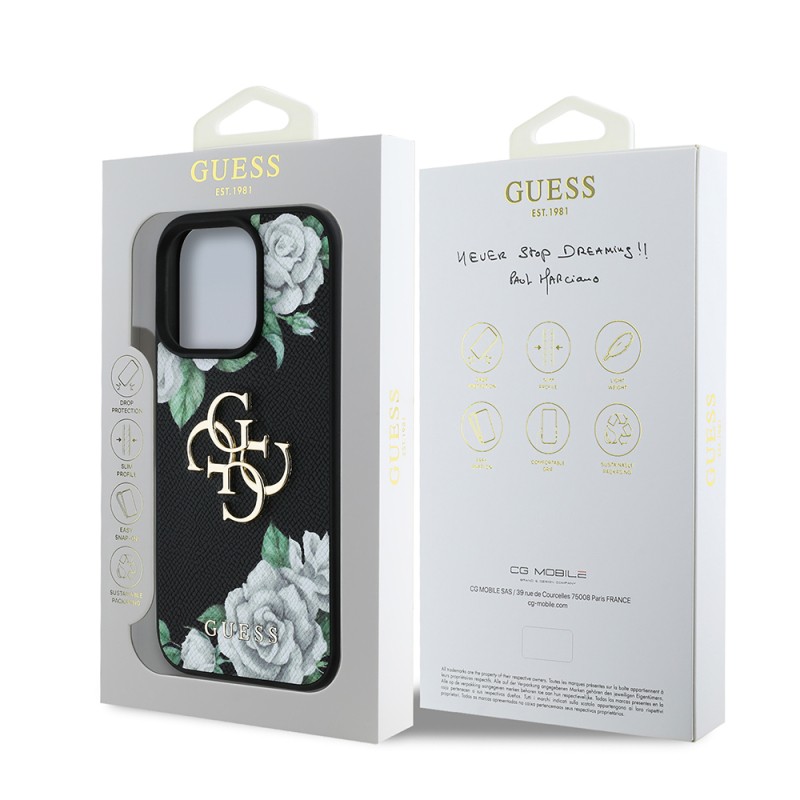 Apple iPhone 16 Pro Max Case Guess Original Licensed Rose Printed Large Metal Logo Design Cover - 18