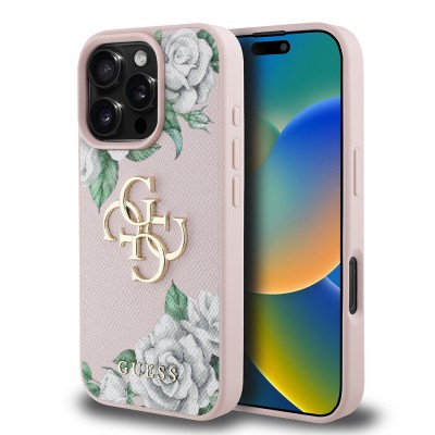 Apple iPhone 16 Pro Max Case Guess Original Licensed Rose Printed Large Metal Logo Design Cover - 23