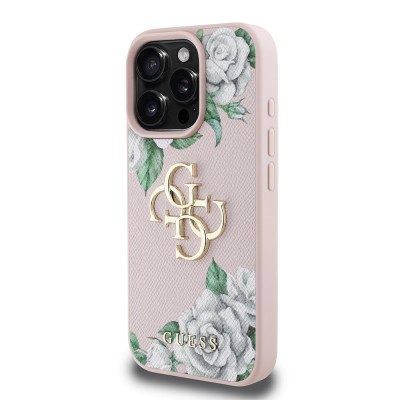 Apple iPhone 16 Pro Max Case Guess Original Licensed Rose Printed Large Metal Logo Design Cover - 19