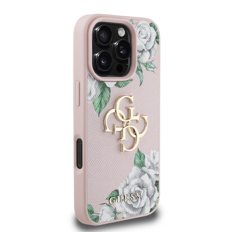 Apple iPhone 16 Pro Max Case Guess Original Licensed Rose Printed Large Metal Logo Design Cover - 20