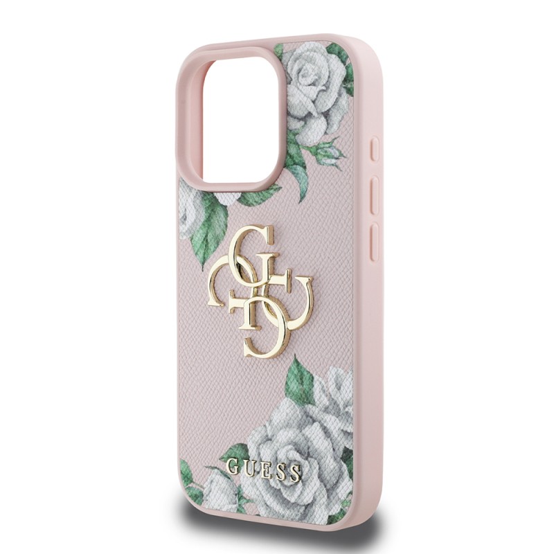 Apple iPhone 16 Pro Max Case Guess Original Licensed Rose Printed Large Metal Logo Design Cover - 21