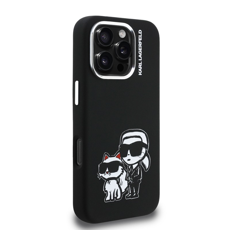 Apple iPhone 16 Pro Max Case Karl Lagerfeld Original Licensed Karl & Choupette Sketch Logo Silicone Cover - 3