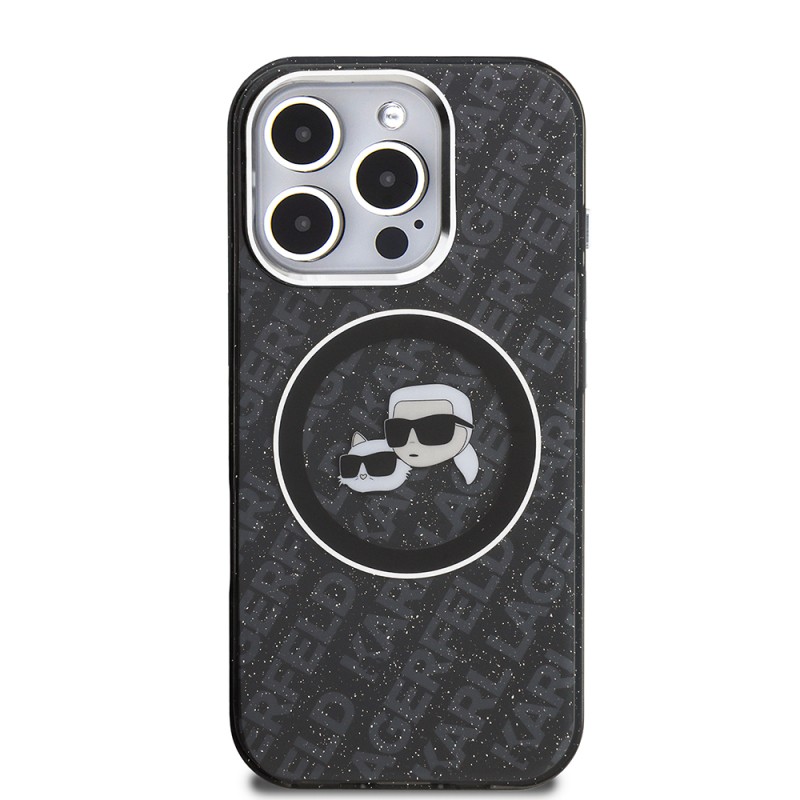 Apple iPhone 16 Pro Max Case Karl Lagerfeld Original Licensed Shining Glitter Karl & Choupette Heads Cover - 4