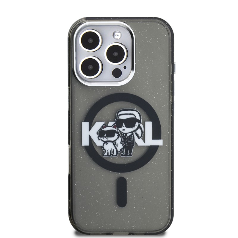 Apple iPhone 16 Pro Max Case Karl Lagerfeld Original Licensed Shining Glitter Karl & Choupette Sketch Logo Cover - 4