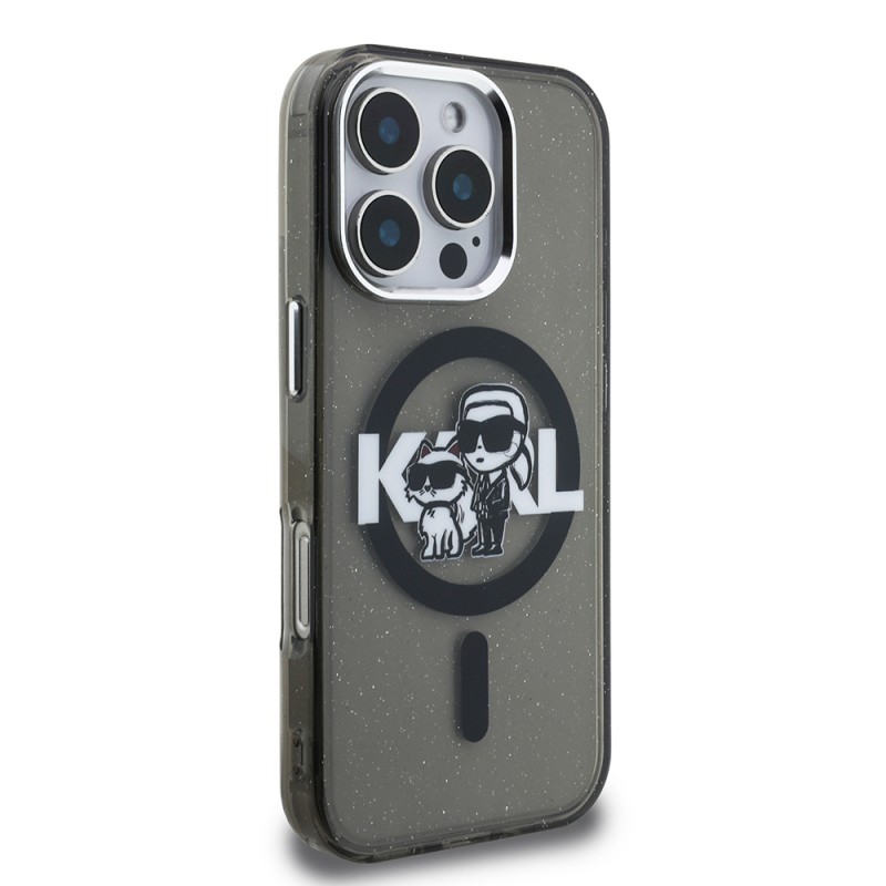 Apple iPhone 16 Pro Max Case Karl Lagerfeld Original Licensed Shining Glitter Karl & Choupette Sketch Logo Cover - 5