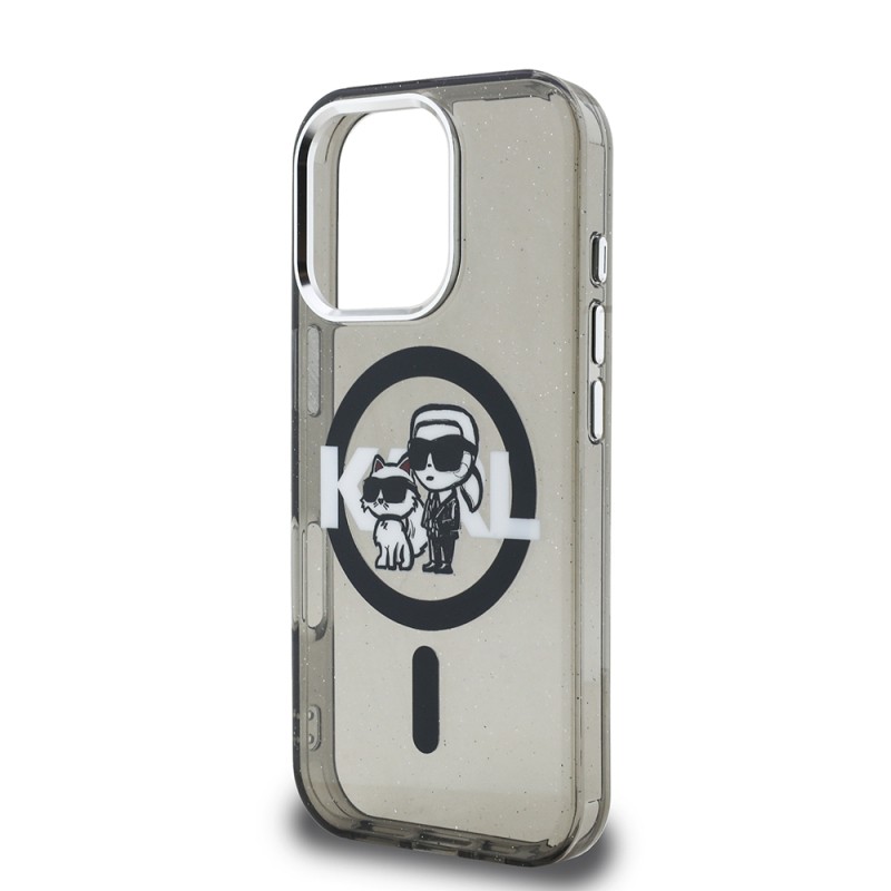 Apple iPhone 16 Pro Max Case Karl Lagerfeld Original Licensed Shining Glitter Karl & Choupette Sketch Logo Cover - 7