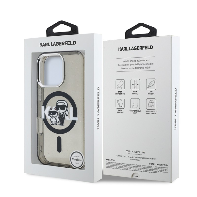 Apple iPhone 16 Pro Max Case Karl Lagerfeld Original Licensed Shining Glitter Karl & Choupette Sketch Logo Cover - 9