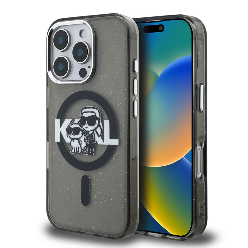 Apple iPhone 16 Pro Max Case Karl Lagerfeld Original Licensed Shining Glitter Karl & Choupette Sketch Logo Cover - 2
