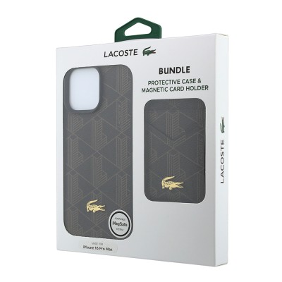 Apple iPhone 16 Pro Max Case, Lacoste Original Licensed, M-safe Charging Feature, PU Leather Design, Card Holder, Mixed Monogram Pattern Cover - 10