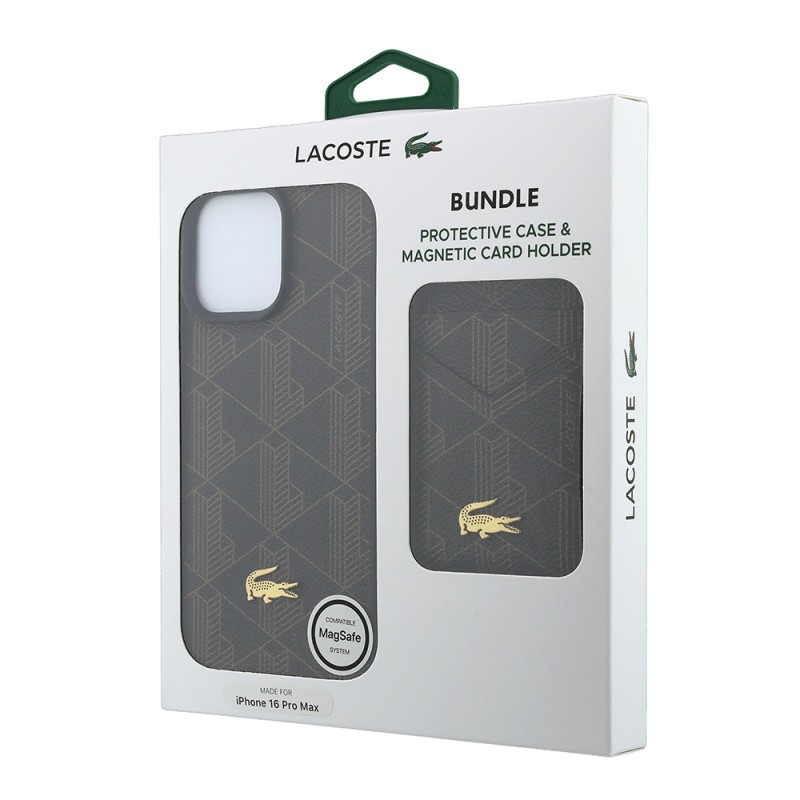 Apple iPhone 16 Pro Max Case, Lacoste Original Licensed, M-safe Charging Feature, PU Leather Design, Card Holder, Mixed Monogram Pattern Cover - 10